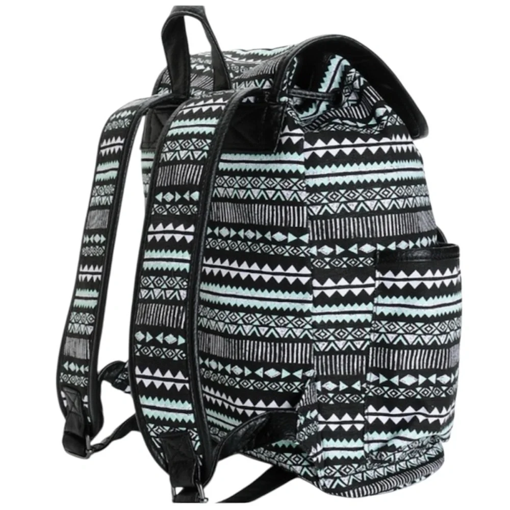 Backpack Mint Green Print Black Trim Side Pockets Drawstring Top New